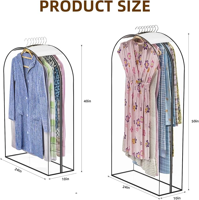 Clear Garment Bags for Hanging Clothes, 4-Pack, 2x40"+2x50" | Upgraded thickened clear garment bags with 10" gusset for closet storage of shirts, coats, dresses