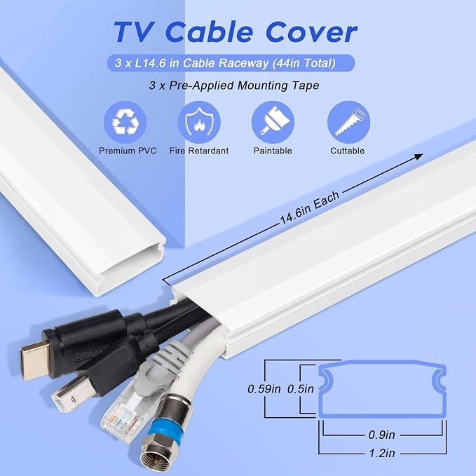 TV Cord Hider, Self Adhesive 44in Cable Raceway Kit, Holds Up to 4 Cables | White Wire Covers for Cords on Wall, Large Cord Cover for Wall Mounted TV, Paintable Cable Management System, W1.2in H0.6in