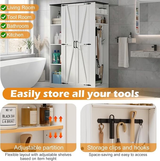 Broom Closet Storage Cabinet, 63" H Wooden Vacuum Storage Cabinet, Utility Closet with 2 Doors, Cleaning Tool Organizer with 6 Shelfs and 5 Pack Broom Holder, 63" H×35.4" W×15.7" D,White