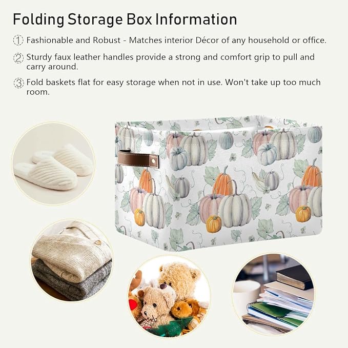 Fall Pumpkin Storage Basket Fabric Kitchen Baskets Autumn Maple Leaves Open Home Storage Bins Boxes Foldable Organizer Bag for Baby Cloth Pet Toy Book Shelf Closet Baskets 2 Pack 16×12×8 Inches