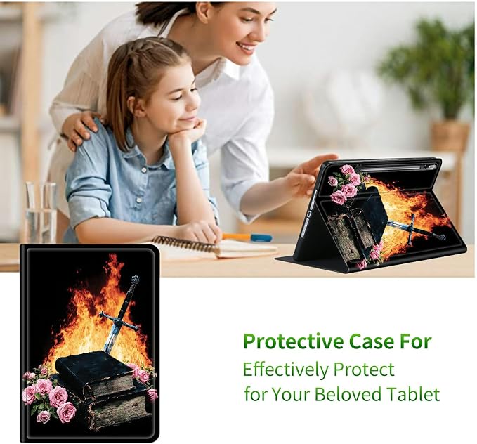 Case for Samsung Galaxy Tab S8 Plus 2022/S7 FE 2021/S7 Plus 2020 12.4" | Slim Leather Smart Cover with Multi-Angle Anti-Slip Stand [Auto Wake/Sleep] Shell for Women Men, Flame Book Rose