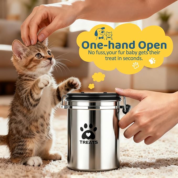 ENONCI Airtight Dog Treat Canister, 304 Stainless Steel Food Storage Jar with Date Dial Silver-1.5L