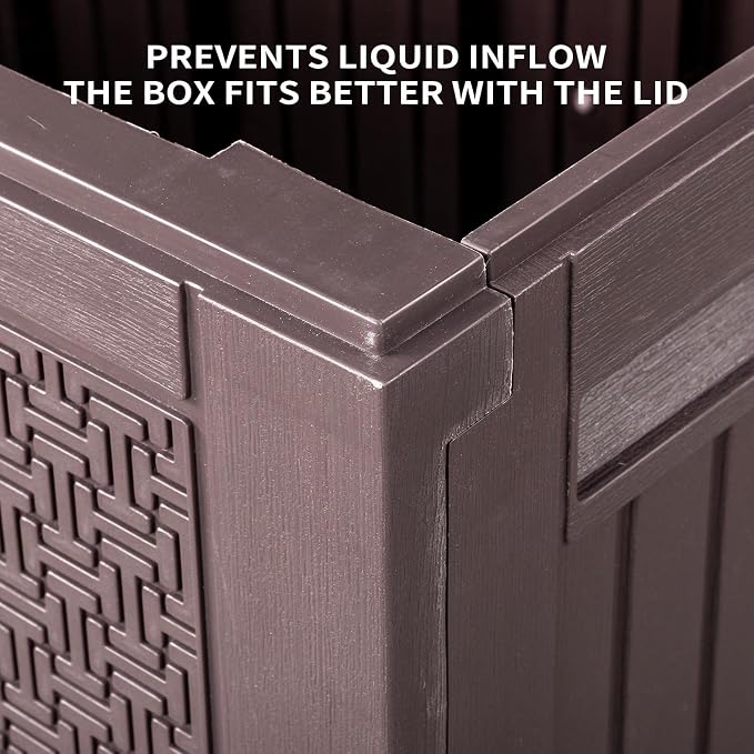 90 Gallon Outdoor Storage Box with Maze Texture, Waterproof Resin Deck Box for Patio Furniture Cushions, Lockable & Weather Resistant Garden Bin for Pool Toys & Tools, Brown