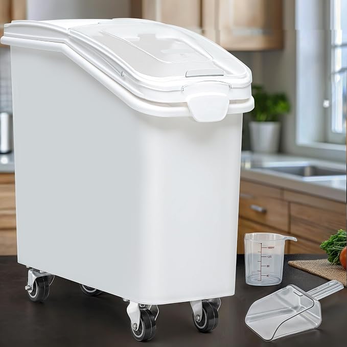 YITAHOME 21 Gallon Ingredient Bin, Commercial Food Container with 500 Cups, Large Flour Storage Container Bin with 360° Wheels, Scoop and Lid for Kitchen, White