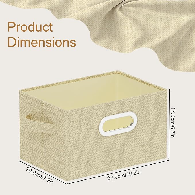 Storage Bins with Metal Grips,Grey and Beige,10.2x7.9x6.7in,2 Pack | Fabric Storage Baskets with Soft Cloth Handles,Thick PP Panel Wardrobe Containers,Wipeable Open Boxes for Closet Shelves