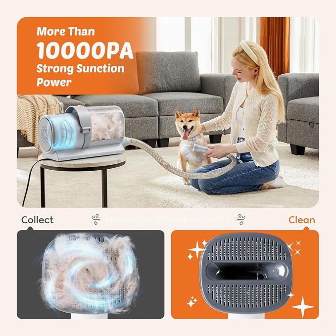 Sweetcrispy Professional Pet Grooming Vacuum Kit, 2.5L Cup, 3 Suction Modes, and 5 Groomer Tools with Cordless Low Noise Dog Clippers for Cats, Other Animals Hair Trimmer, Gray
