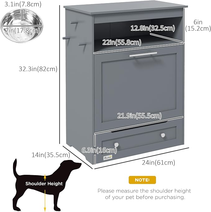 PawHut Dog Feeding Station with Raised Bowls, Pet Feeder Station, Gray | Dog Food Storage Cabinet, Hanger for Feeding & Watering Supplies