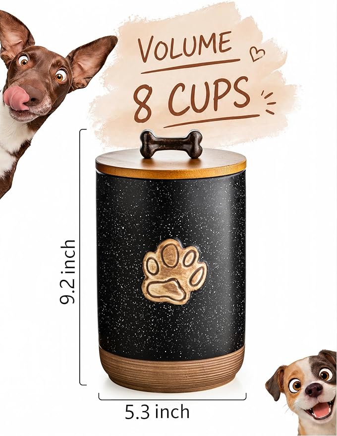 Miamolo Dog Treat Container Airtight Seal, Training Dog Treat Jar with Lid | 8 Cups, Cast-iron Handle | Ceramic Dog Food Storage Container, Rustic Pet Cookie Jar, Gift for Dog Lovers | Paw Dotted Black