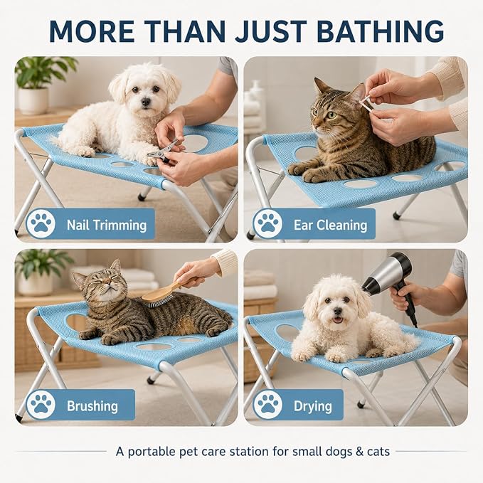 Pet Grooming Hammock for Dogs with Stand, Foldable Metal Frame and Breathable 8-Hole Mesh Restraint, Portable Bathing, Nail Trimming and Ear Cleaning Station for Small Dogs and Cats，Gray