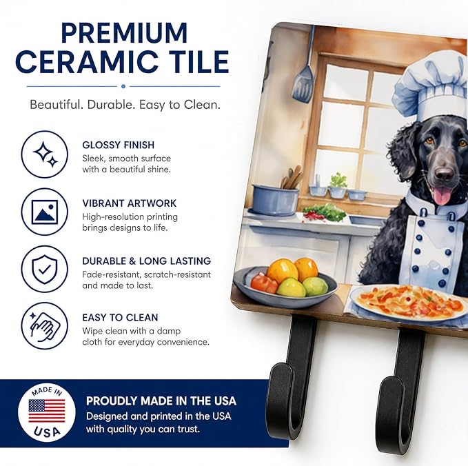 Caroline's Treasures Curly-Coated Retriever The Chef Leash or Key Holder Wall Hooks, Key Hooks Holder, Coat Rack Wall Mount, Coat Hooks, Hooks for Hanging Keys, Towels, Aprons, Leashes | Curly-Coated Retriever The Chef artwork on ceramic tile with thre...