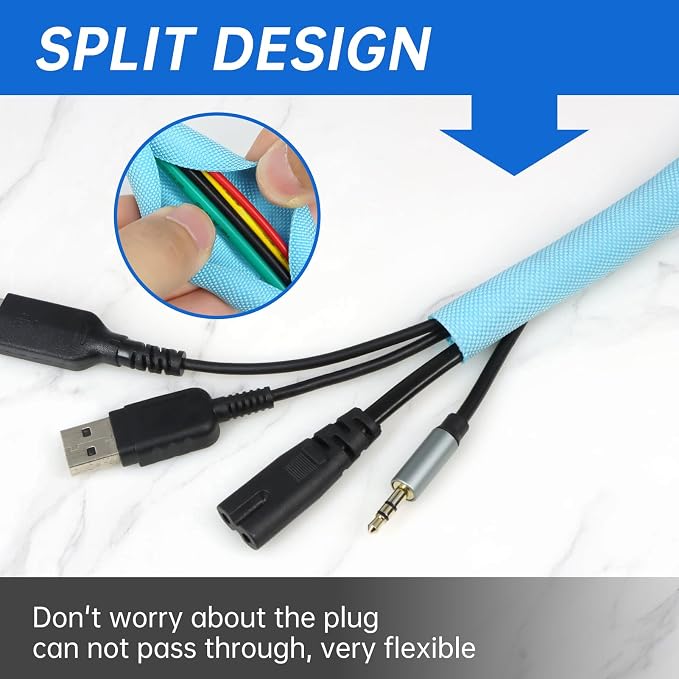 Split Braided Cable Sleeve，Flexible Wire Loom Tubing, Automotive Cord Protector Pet Proof, Cable Management for Computer TV Electric Wires Harness 16ft (Sky Blue, 8mm（5/16")