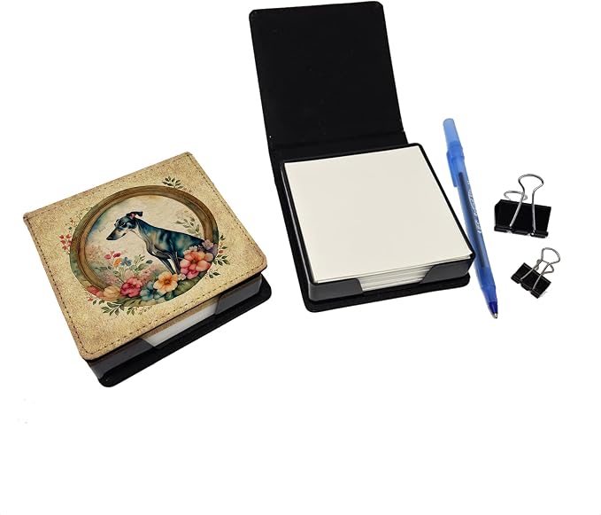 Caroline's Treasures Greyhound and Flowers PU Leather Note Paper Holder with Artist-Designed Cover, Desk Accessory, Office Gift
