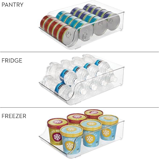 iDesign Water Bottle Organizer and Soda Can Dispenser for Refrigerator or Pantry - Set of 3 - Clear