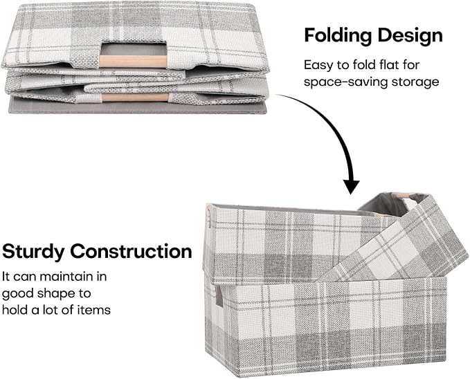 Fabric Storage Box, 13x9in Foldable Cotton Linen Basket with Wooden Handle | Small Rectangular Cube Decorative Home Laundry Organizer Clothes Blanket Container Organizing Clothes Sheet, Light Gray Plaid