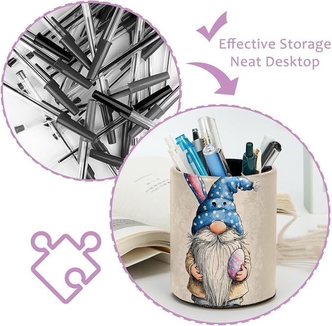 Faux Leather Pen Holder for Desk, Pencil Organizer Cute Easter Elf Pen Cup Desk Decor Makeup Brush Holder Storage for Office Home