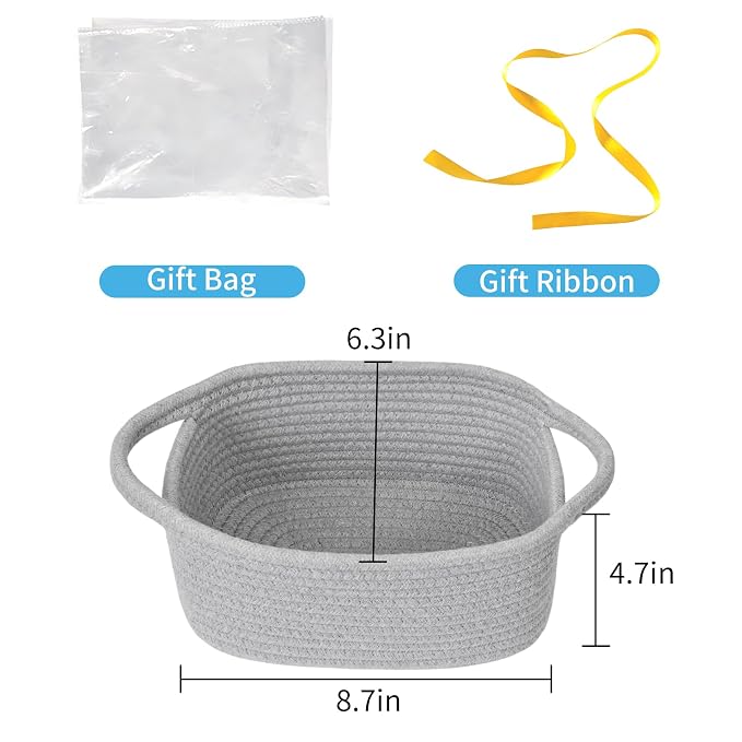 ABenkle Small Storage Basket, Mini Basket, Cute Tiny Cotton Rope Woven Basket, Boho Decorative Toy Dog Cat Basket for Nursery, Spa, Empty Gift Basket with Gift Bags and Ribbon - Grey
