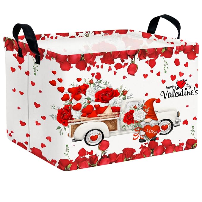 Cute Large Valentine's Day Gift Basket Empty Heart Decor Storage Bin for Kid Baby Room Décor (White Truck Roses)