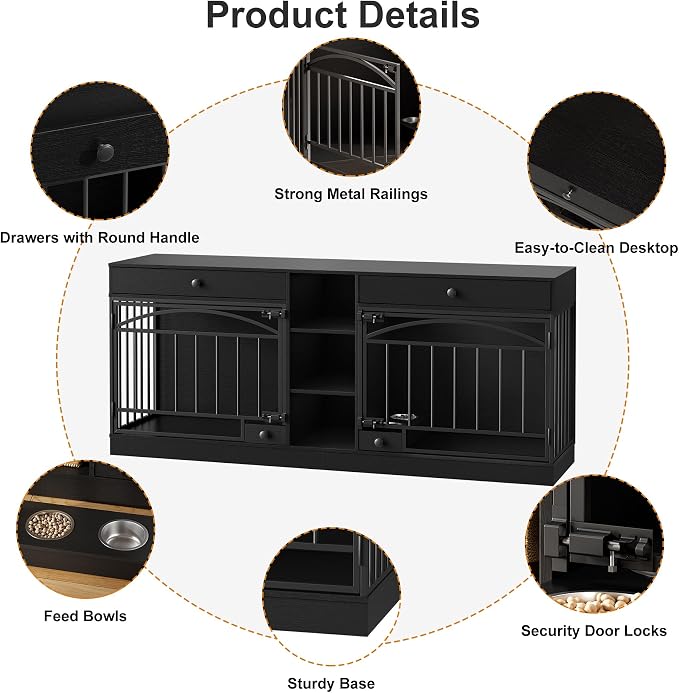 IDEALHOUSE 78.7" Double Dog Crate Furniture with Storage and 2 Doors, Black | Dog Kennel Indoor with Feeding Bowls, Wood Dog Crate TV Stand for Small Medium Dogs