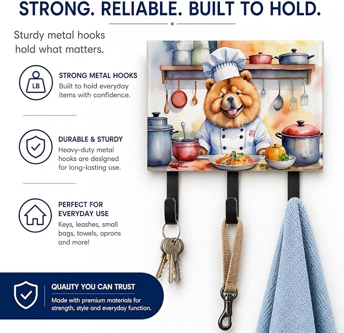 Caroline's Treasures Chow Chow The Chef Leash or Key Holder Wall Hooks, Key Hooks Holder, Coat Rack Wall Mount, Coat Hooks, Hooks for Hanging Keys, Towels, Aprons, Leashes | Chow Chow The Chef artwork on ceramic tile with three steel hooks for keys, le...