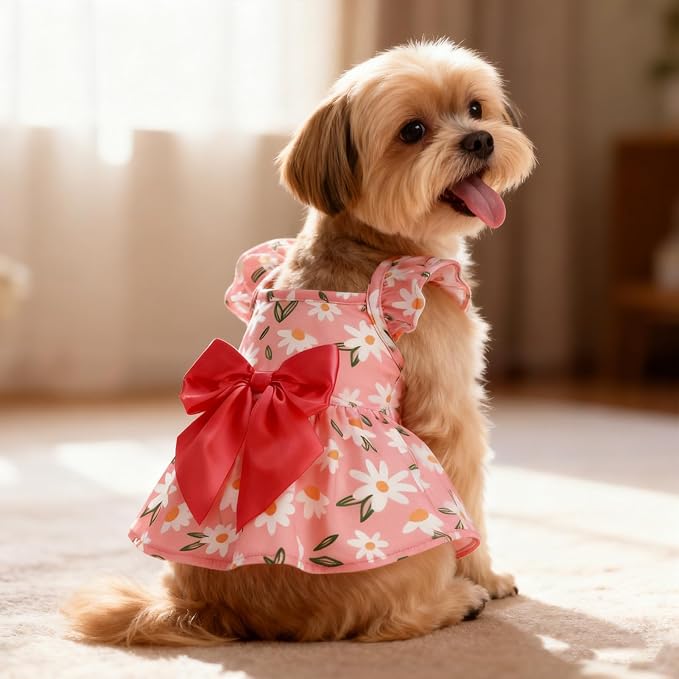 Dog Dress with Sleeve Ruffles, Floral Pet Dresses with Bow Tie for Small Meduim Dogs Puppy Cats Girl, Cute Princess Dog Dresses Skirt Clothes Outfits for Spring Summer, Pink M