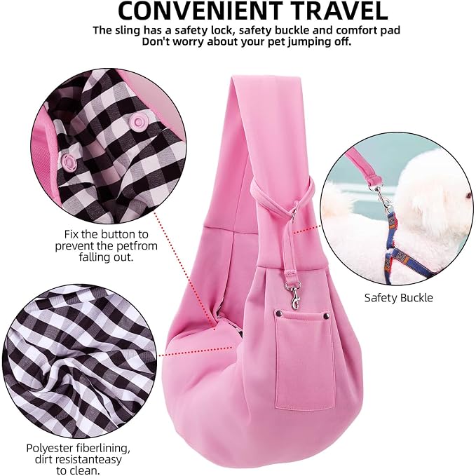ARZQUT Dog and Cats Carrier Sling, Small Pet Carrier with Storage Pocket | Reversible Puppy Sling Carrier, Safety Buckle, Storage bag, Machine Washable for Travel, Outdoor Activitie, Hand-Free, Pink