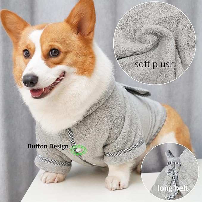 Dog Bathrobe, Microfiber Fast Drying Absorbent Hooded Bath Towel White for Puppy Small Medium Large Dog Cat (L, Gray)