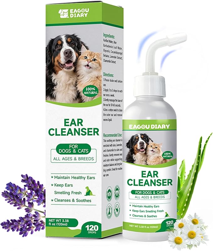 Eagou Diary Dog Ear Cleaner Solution - Cat Dog Ear Infection Treatment, Removes Debris, Wax, Odor, Itch Relief - Pet Ear Wash, Flush and Care with Aloe, Lavender, Chamomile, Ear Drops for Dogs Cats