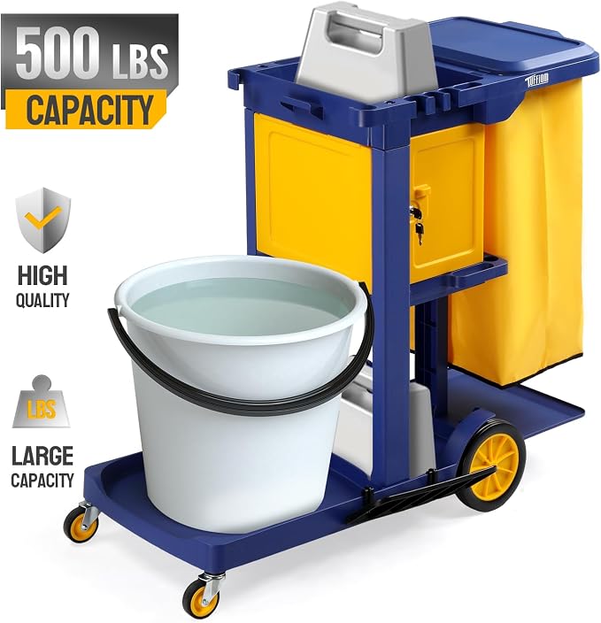 TUFFIOM Multifunctional Janitorial Cart with Key-Locking Cabinet,Cleaning Carts on Wheels,with 15 Gallon Collection Bag,500 lbs Capacity, Yellow&Blue