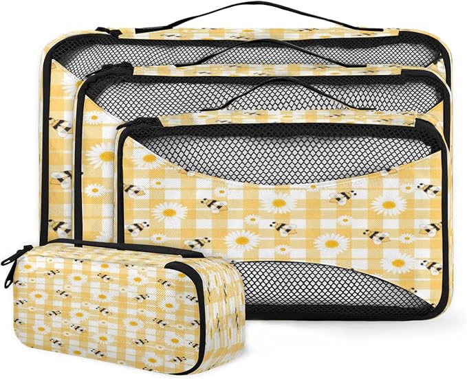 Honeybee Bee Packing Cubes for Travel, Luggage Packing Organizers, Bees Daisies Honey Travel Accessories Large Toiletries Bag for Clothes Shoes Cosmetics Toiletries