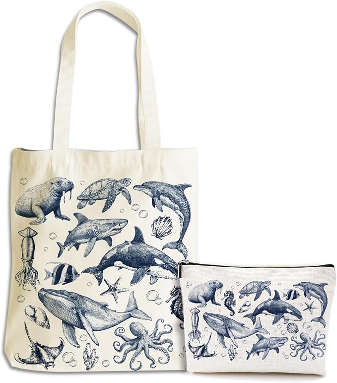 Retro Ocean Animals Turtle Whale Shark Gifts Cosmetic Bags for Women Girls Bestie Lovers Canvas Tote Bag Makeup Bag, Reusable Grocery Bags with Inner Pocket for Gym Beach Birthday Christmas Thank You