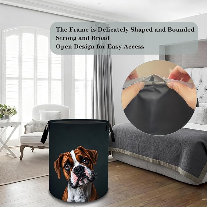 Boxer Dog Laundry Basket Hamper, Organizer Bins Gifts for Women Kids, Cute Pet Portrait Foldable Waterproof Clothes Hamper Handles Storage Bucket for Bedroom Bathroom Room Decor 19.7"x15.7"