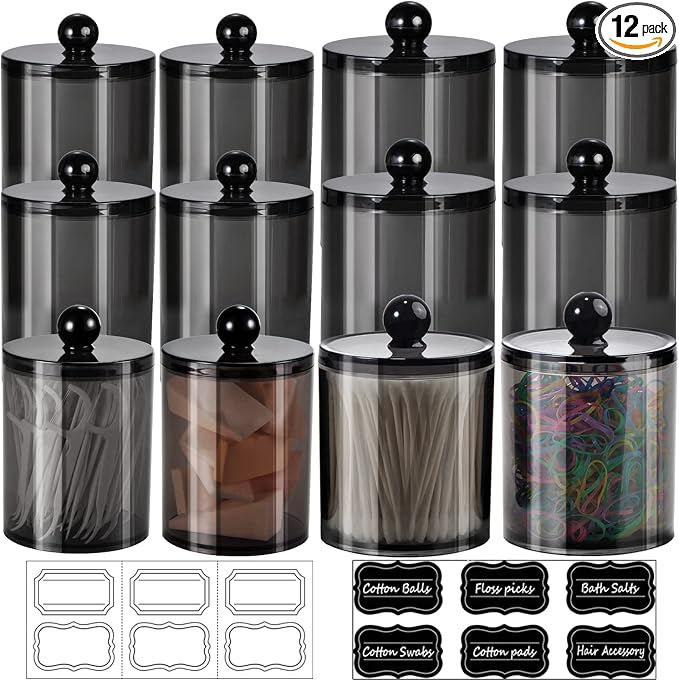 SheeChung 12 Pack Black Qtip Holder,Acrylic Apothecary Jars with Lids | (6) 10oz & (6) 12oz,Plastic Bathroom Canistersfor Cotton Swabs, Balls, Pads, Floss Picks, Home Bathroom Storage Organizer