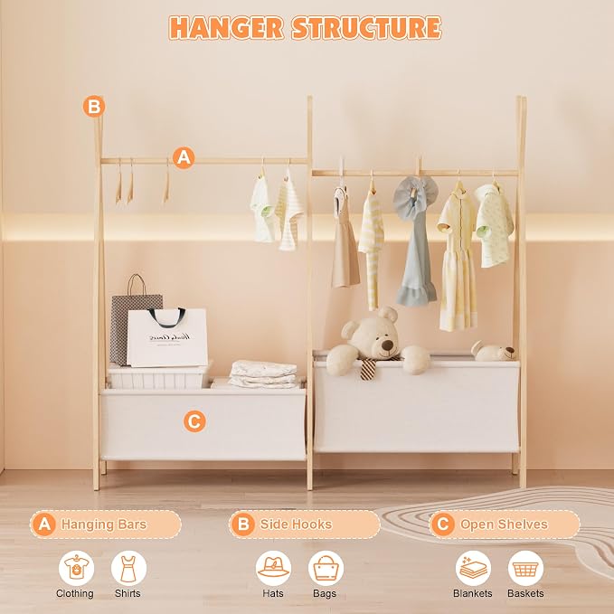 Kids Clothing Rack Dress Up Storage Closet for Girls Baby Garment Wardrobe Toddler Costume Closet with Double Hanging Rod Wood 2 Tier Bottom Storage Shelves (Double Row with Two Storage Boxes)