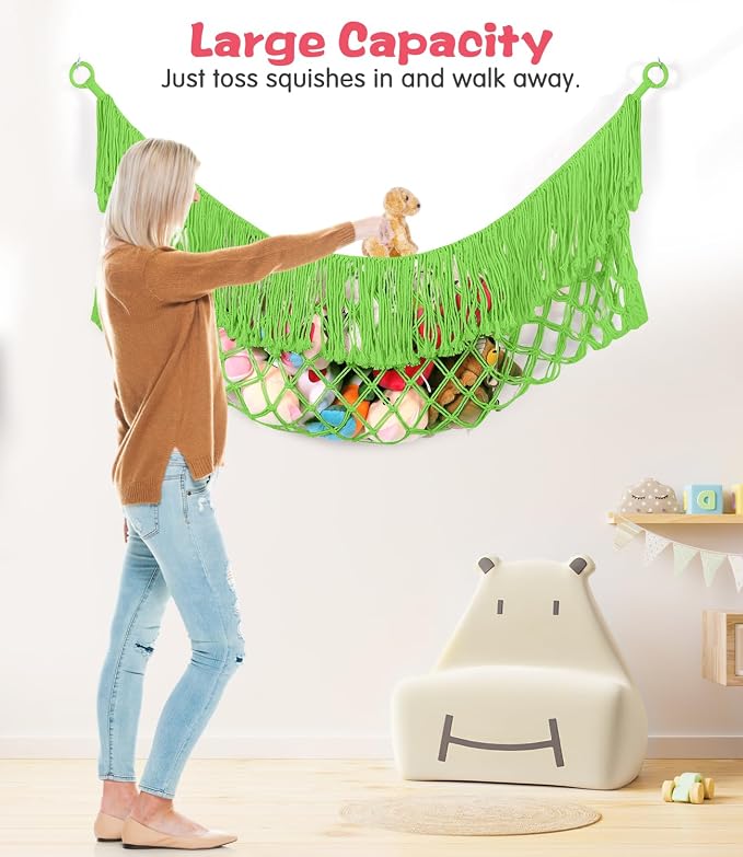 Stuffed Animal Hammock - Extra Large 63'' Long (Apple green) | Premium Cotton Hand-knitted, Beautiful Long Tassel, Storage Hanging Organizer, Can Fit Stuffed Animals 40 Piece or More