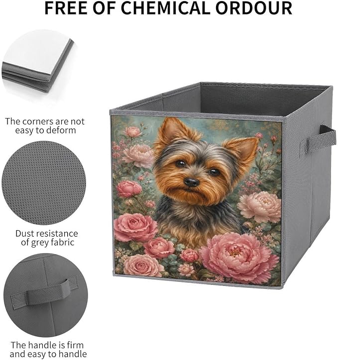 Yorkie Dog Floral Portrait Storage Bin with Handles, Oxford Fabric Foldable Storage Cube Organizer for Clothes, Towels, Bedroom, Living Room, Home Organization