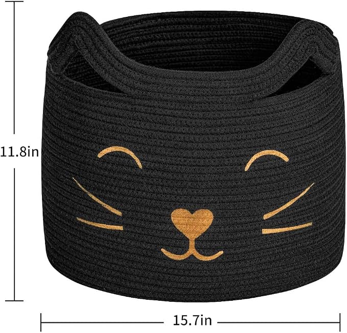 Large Woven Rope Cat Toy Basket with Cat Face Design, Black | 15.7" x 11.8" Toy Bin & Box for Living Room Nursery, Boho Storage Basket for Towels, Blankets, with Sturdy Handles