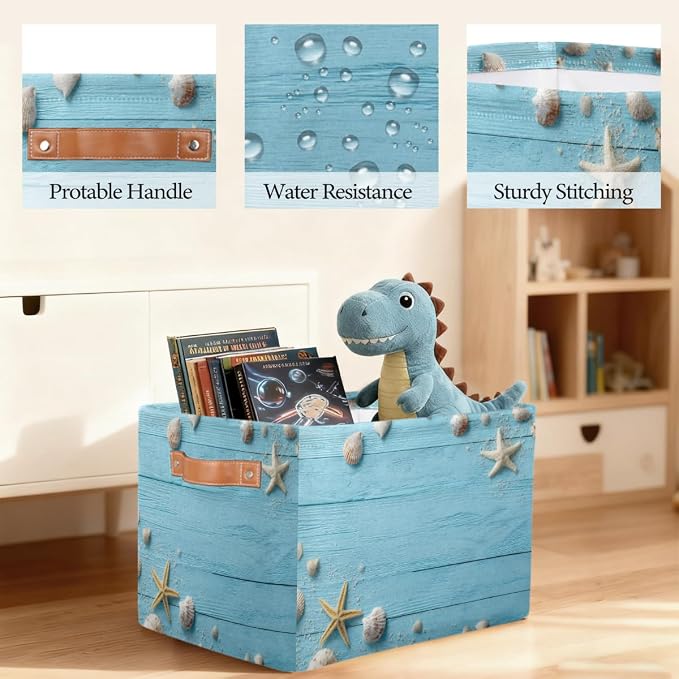 Pardick Storage Baskets Bin, Summer Wood Seashell Starfish Collapsible Canvas Fabric Storage Bin Decorative Baskets Toy Organizer Rectangle Storage Boxes with handles for Home Shelves Nursery,A-6