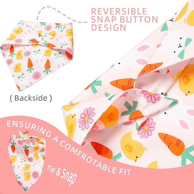 Dog Bandana for Easter Day - Lovely Bunny Carrot Chicken & Daisy Flower Theme, Holiday Pet Costumes Scarf with Adjustable Snap Button, Medium to Large Breeds (30-75lbs)