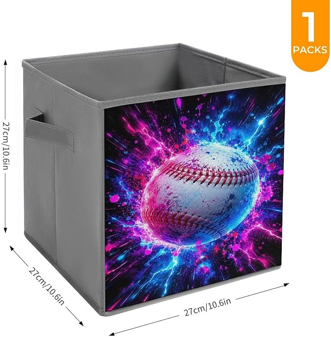 Galactic Baseball Energy Burst Storage Bin with Handles, Oxford Fabric Foldable Storage Cube Organizer for Clothes, Towels, Bedroom, Living Room, Home Organization