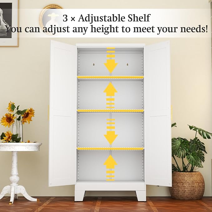 White Metal Storage Cabinet, 61" Kitchen Pantry Cabinets for Office | Steel Kitchen Pantry Storage with Doors and 3 Adjustable Shelves, Metal Tool Cabinet, for Office, Home, Garage, School