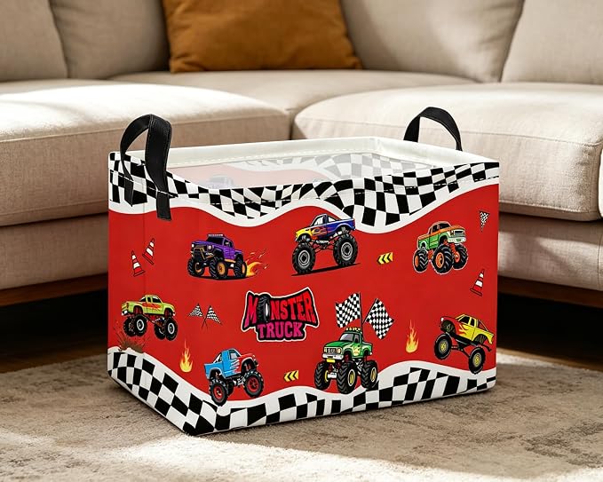 Essme Rectangular Kids Basket,Car Storage Bins Organizer with Handles for Boys Room Decor, Gift Basket,Shelf Basket.(Red Car)