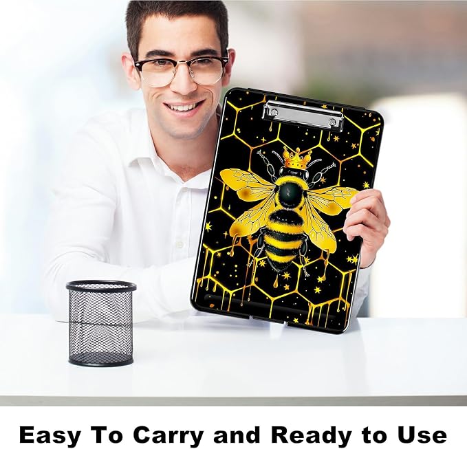 Bee Black Background A4 Clipboard with Storage Pen Holder, Clipboards Organizer Nursing Clipboard Foldable File Folder Plastic Clipboard Folio Clip Board for Office Students Classroom