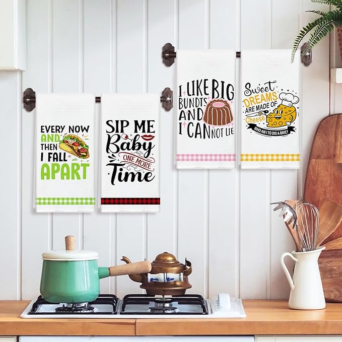 Funny Food Print Kitchen Towels and Dishcloths Set of 4, Cute Decorative Hand Towel Drying Cloth for Bathroom Cooking Baking, Housewarming Gift for Hostess, Women, 16x24 Inches -06
