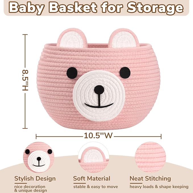 CherryNow Baby Basket for Gifts Empty, Cute Bear Design, Pink | 10.5" x 8.5" Baby Shower Basket for Kids Girls Newborn Storage, Toy Basket for Living Room Nursery Décor, Soft Cotton Rope