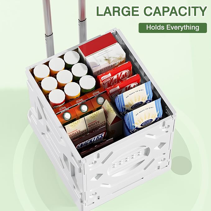 VECELO 16 GAL 2-in-1 Foldable Shopping Cart, Collapsible Utility Cart with Adjustable Handle & 360° Wheels, Dual-Mode Rolling Crate (Basket/Flatbed) for Groceries, Camping, Compact Storage, White