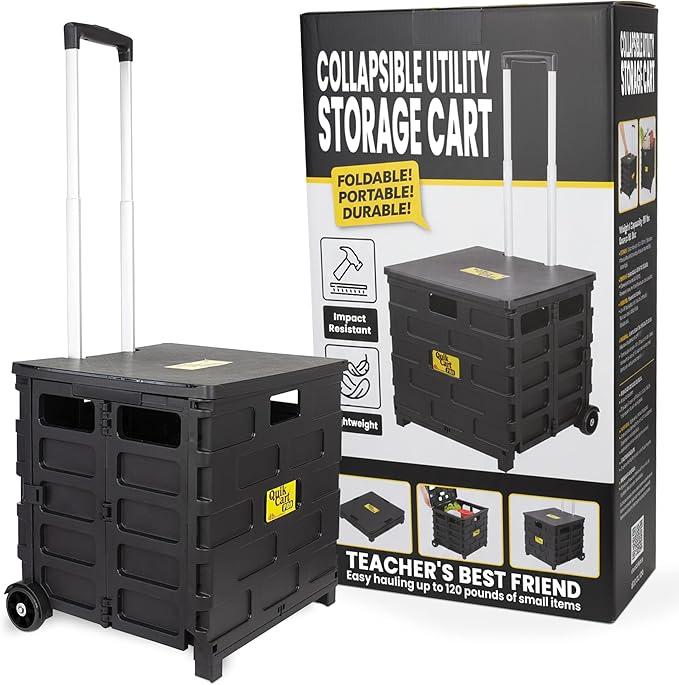 dbest Products Quik Cart Pro Collapsible Rolling Crate on Wheels - Black | Roll Up to 120 lbs Capacity, Heavy Duty Plastic Construction, Telescoping Handle, Folding Utility Cart