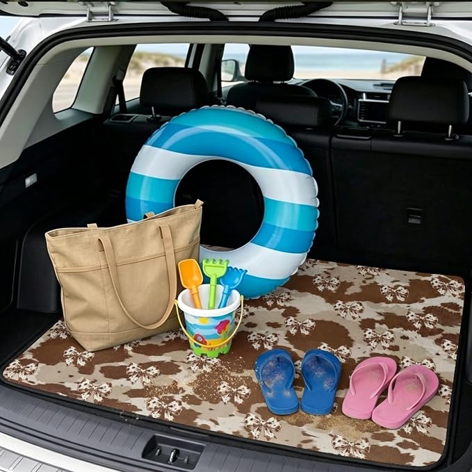 Howilath Brown Cow Print Bow Car Trunk Mat All Weather Cargo Liner Non-Slip All Weather Rear Trunk Protection Auto Interior Accessory