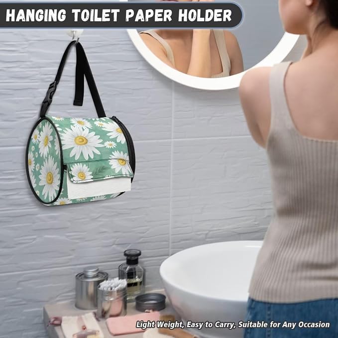 Aesthetic Bathroom Hanging Toilet Paper Tissue Holder Wall Mounted Tissue Towel Roll Holder with Adjustable Strap Easy Installation,Daisy Print