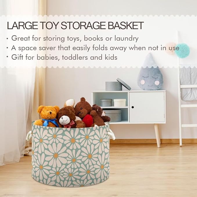 Green Daisy Flower Collapsible Round Storage Basket with Handles | Groovy Floral Large Laundry Baskets Hamper, Clothes Organizer Bin for Nursery Bedroom Living Room Decor, 20x 20x 14 Inches