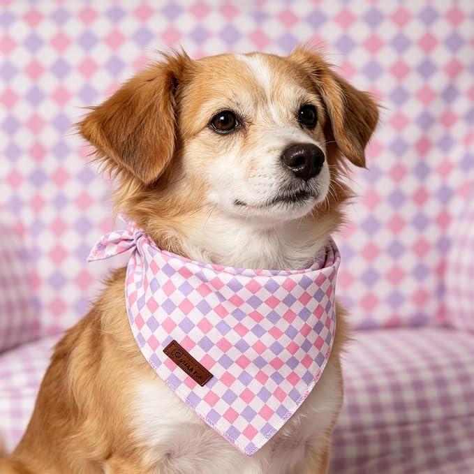 Purple Pink Checkered Dog Bandana, Spring Summer Plaid Puppy Bandana for Girl Female Dogs, Soft Cotton Pet Triangle Bid Scarf Kerchief for Girl Boy Dogs or Cats